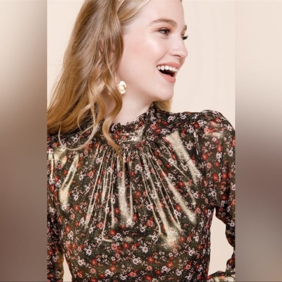 NWT TRIXXI Smock Neck Long Sleeve Metallic Floral Mini Dress Sz. Medium - Picture 4 of 13